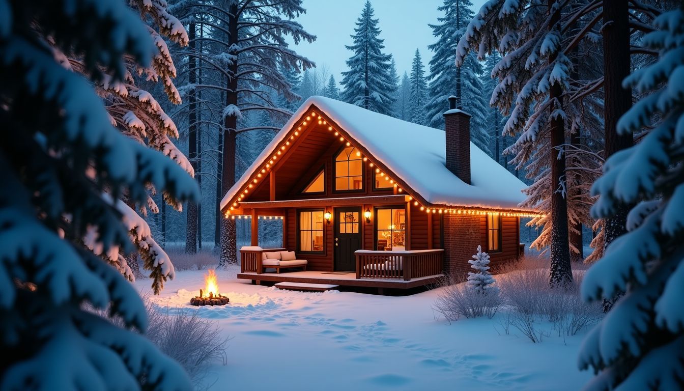 A cozy cabin in a snowy forest with twinkling lights.
