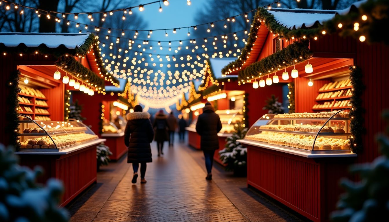 A festive Christmas market at Tivoli Gardens with traditional treats.