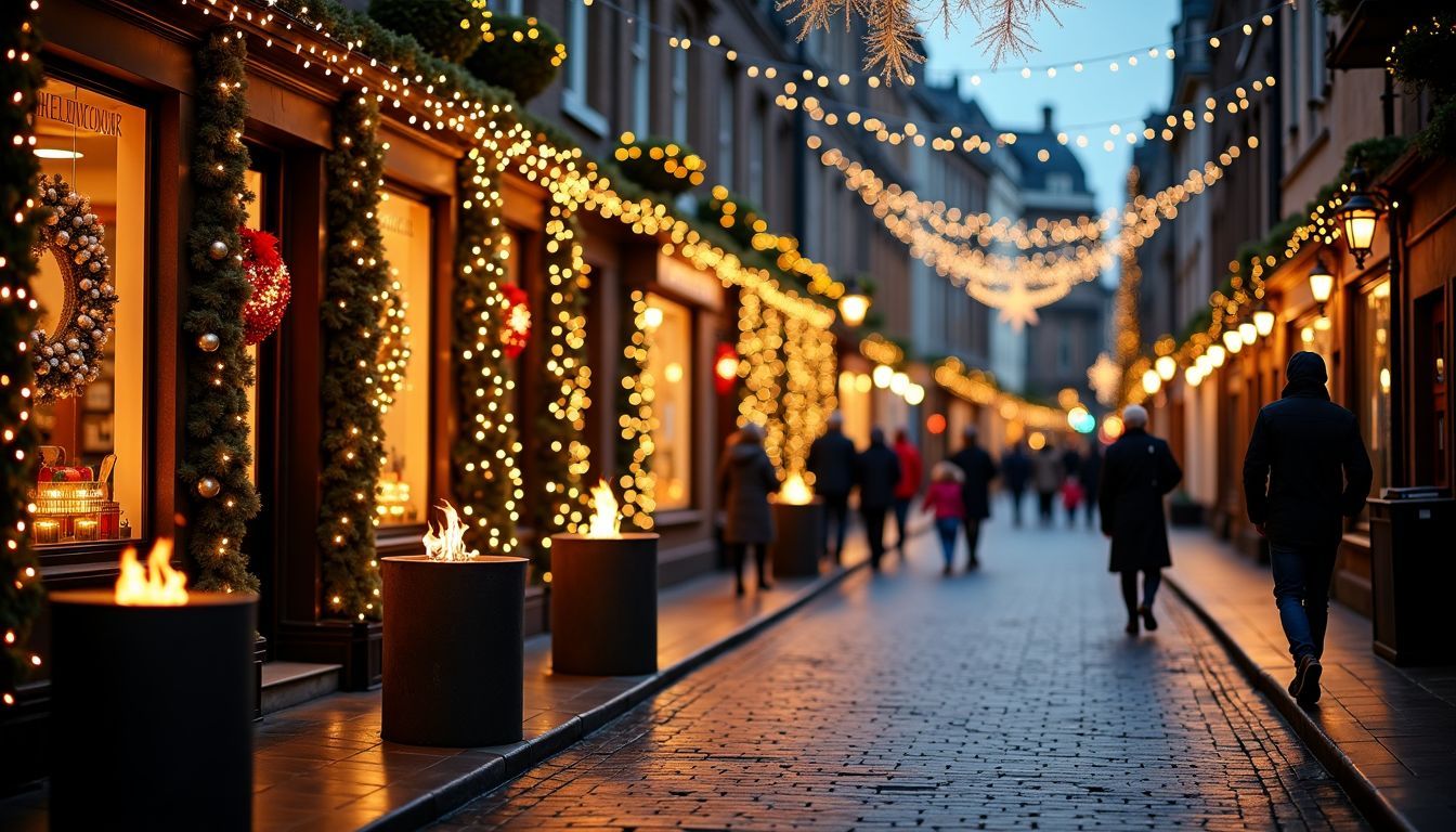 Festive street in Edinburgh, Scotland adorned with Christmas lights and wreaths.
