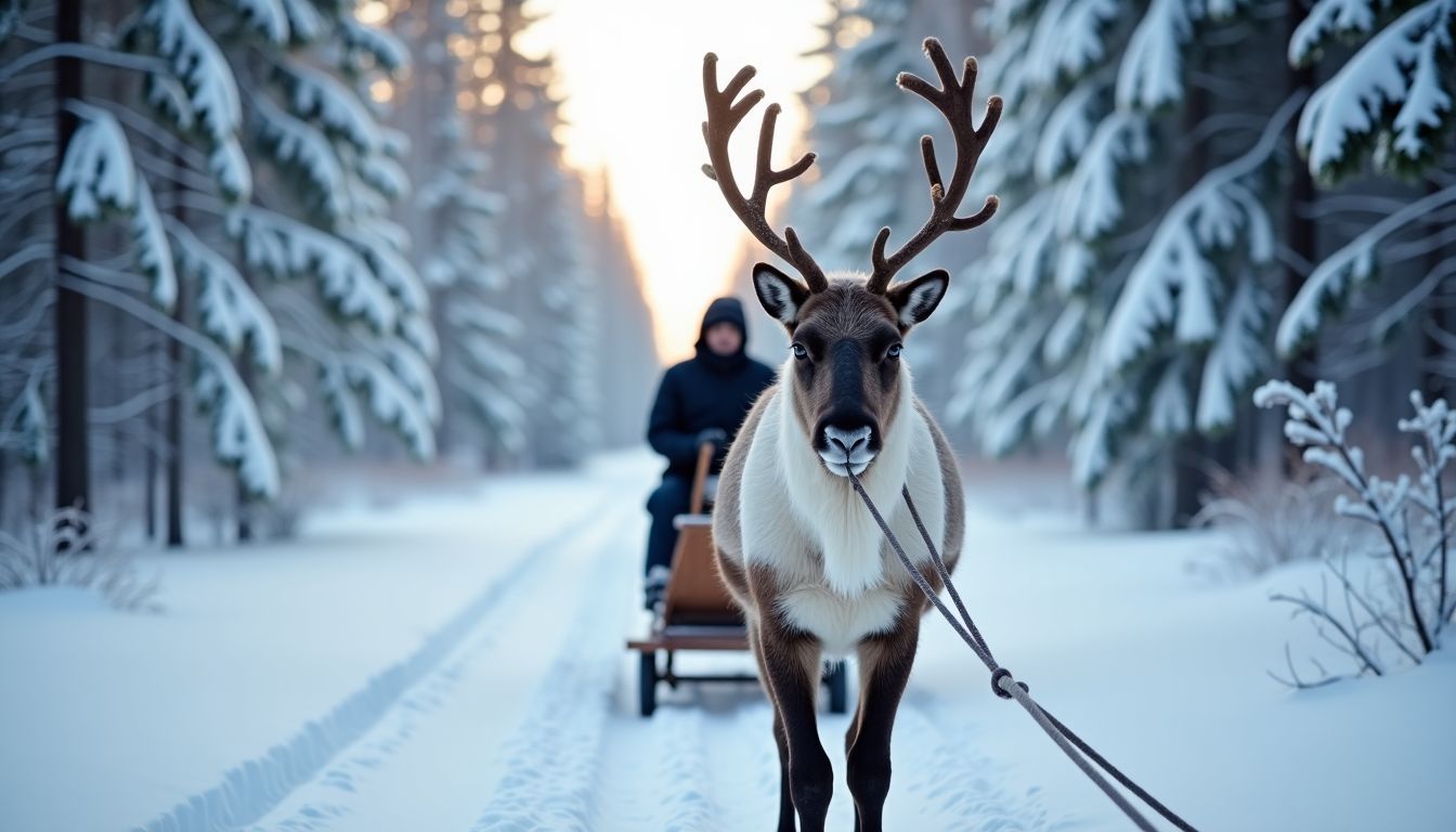 A reindeer pulls a sleigh through a snowy Lapland forest.