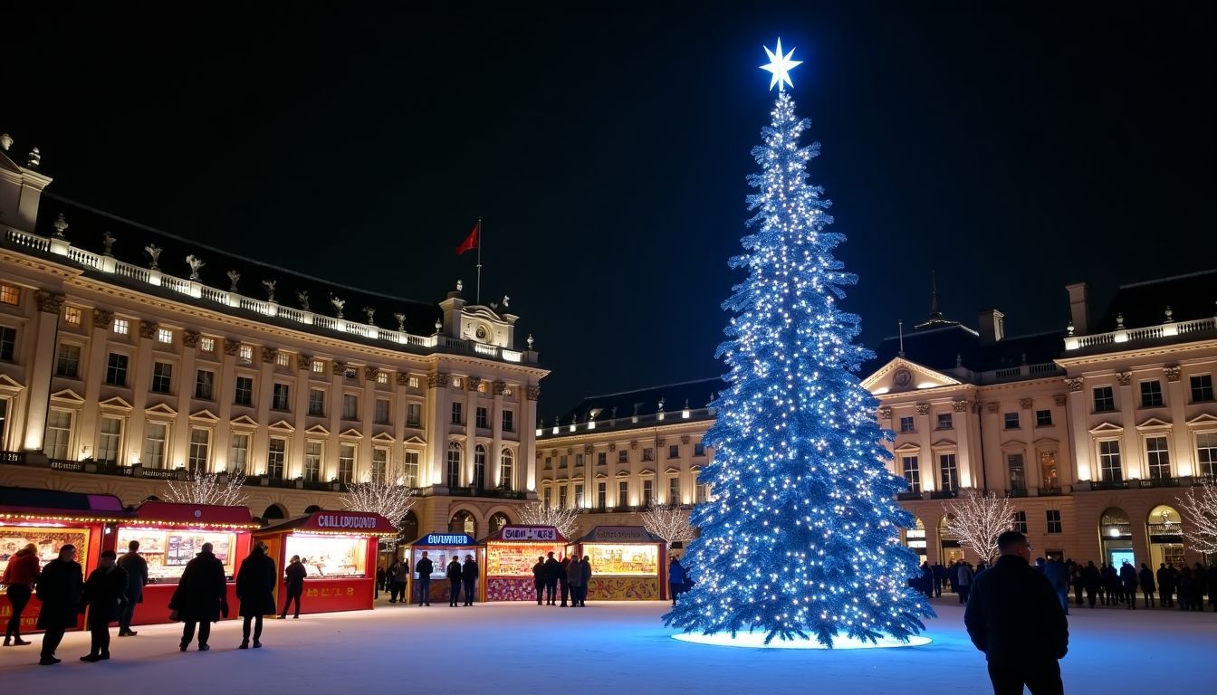 A festive Christmas scene in Trafalgar Square, London with market stalls and a skating rink.
