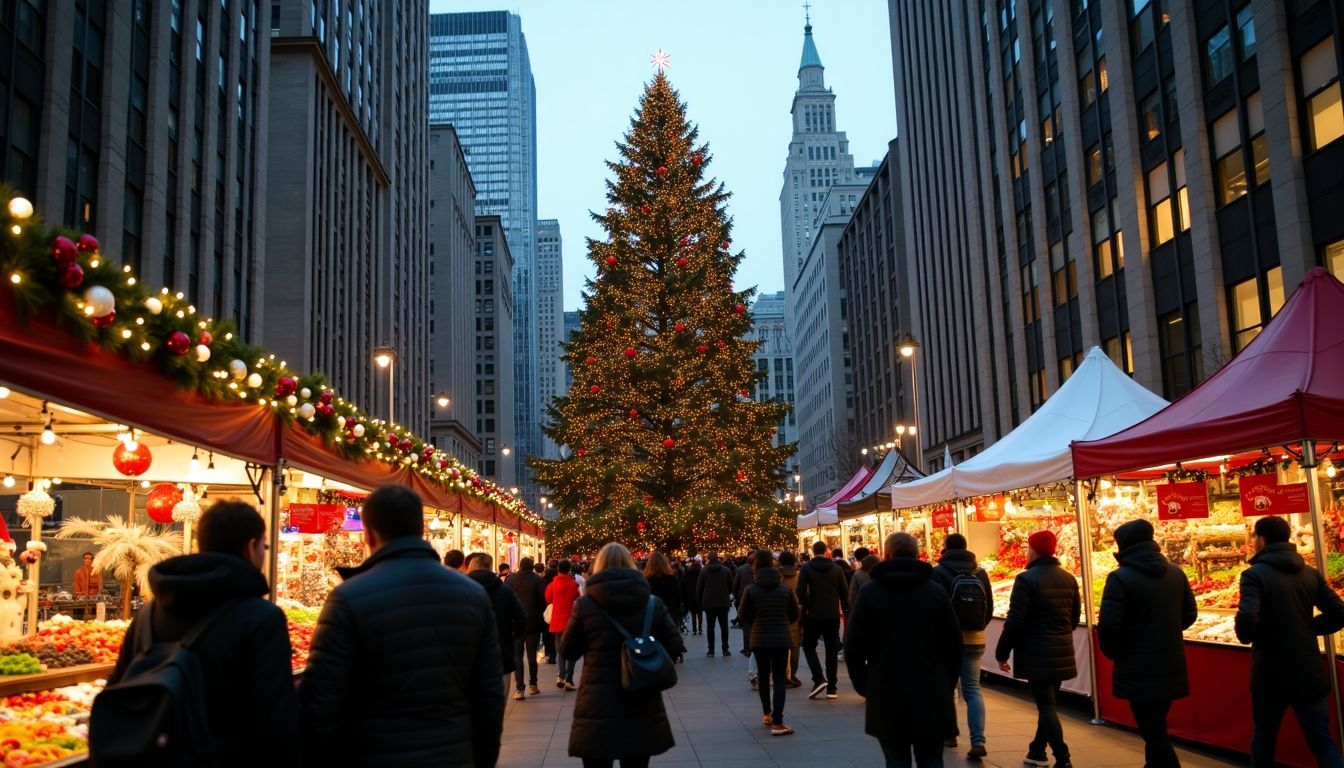 A festive Christmas scene in New York City with the Rockefeller Center tree and holiday decorations.