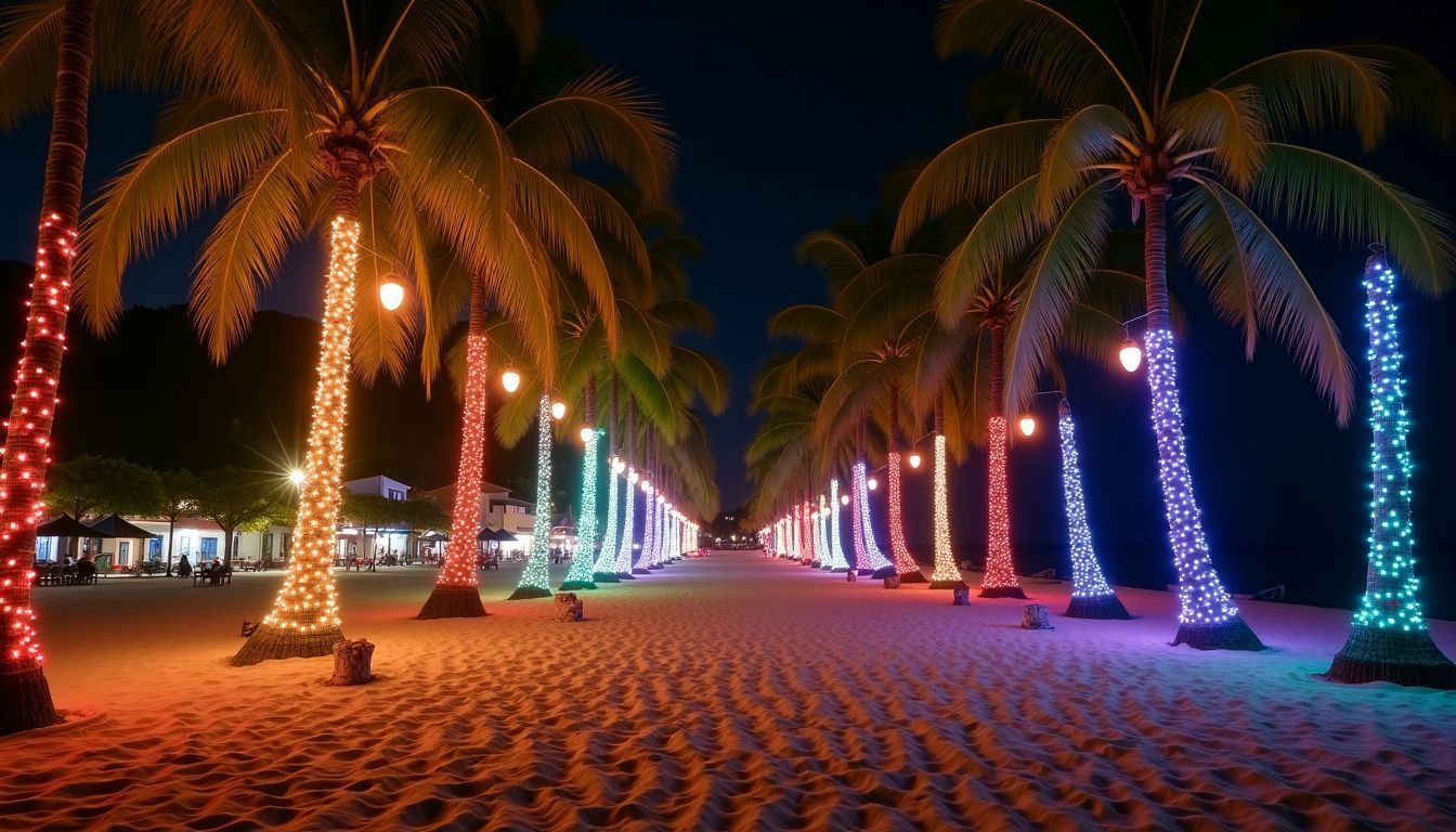 A tropical Christmas scene in Phuket featuring palm trees and holiday lights.