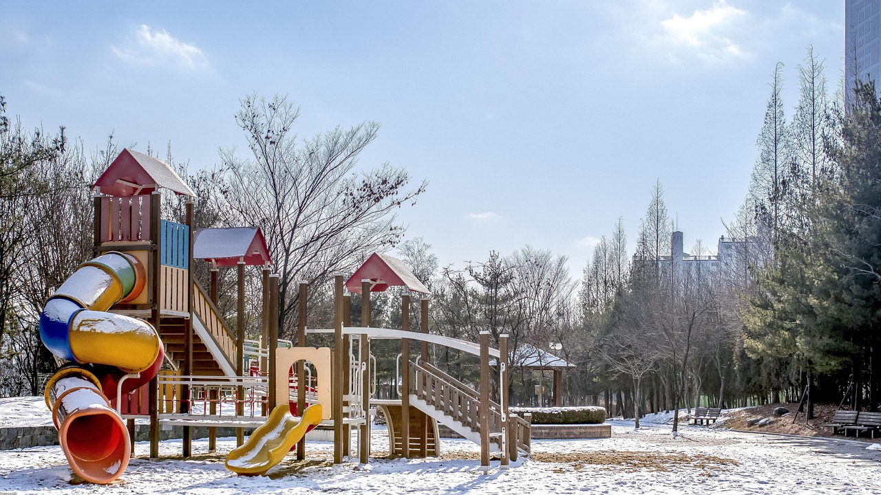 playground, sky, apartments, snow, nature, winter